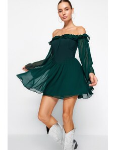 Trendyol Emerald Green Chiffon Chiffon Evening Dress that opens at the waist/Skater Lined Elegant Evening Dress