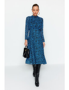 Trendyol Blue Midi Leopard Print Woven Dress