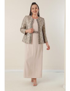 By Saygı Beaded Waist Sleeveless Long Crepe Dress Front Beaded Jacquard Jacket Lined Plus Size 2 Piece Set