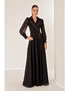 By Saygı Double Breasted Neck Stone Detailed Lined Sleeves And Skirt Chiffon Long Dress