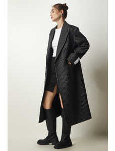 Happiness İstanbul Women's Dark Gray Premium Double Breasted Collar Thin Line Wool Cachet Coat
