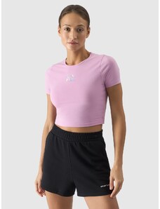 4F Women's crop-top T-shirt with print - powder pink