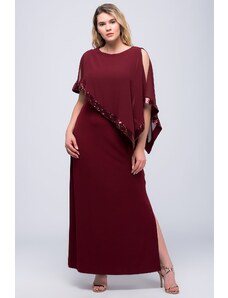 Şans Women's Plus Size Claret Red Chiffon And Sequin Detailed Evening Dress
