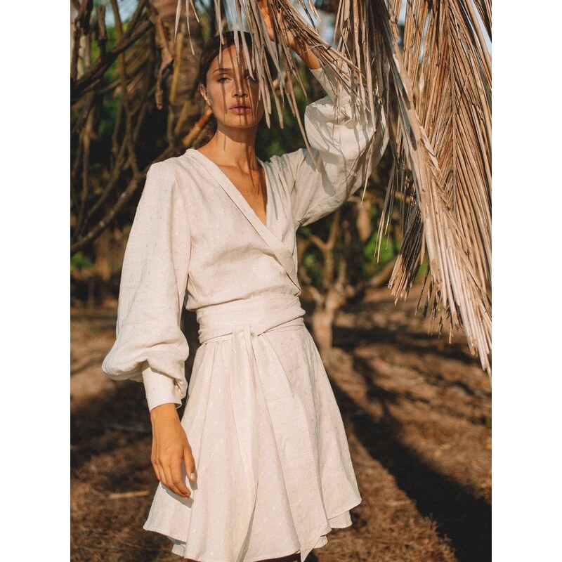 Luciee Linen Wrap Dress In Beige - Andreea