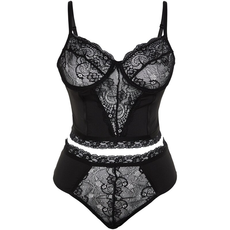 Trendyol Curve Black Lace Detailed Bustier-Panties Underwear Sets 