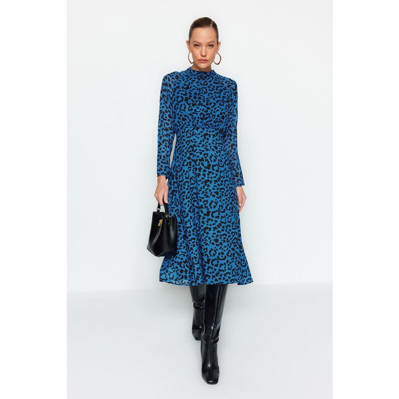 Trendyol Blue Midi Leopard Print Woven Dress