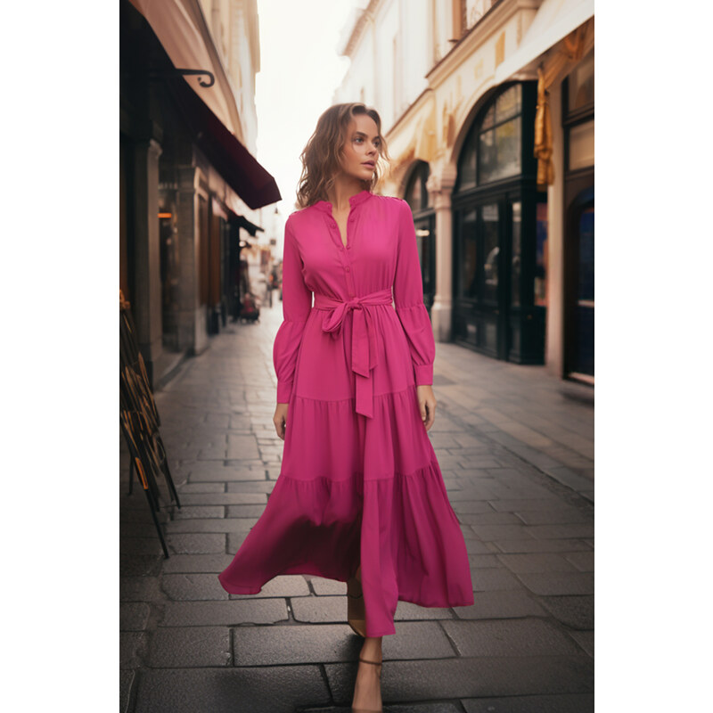 Trendyol Dark Pink Woven Dress with a Belt and Grand Collar Button Detail