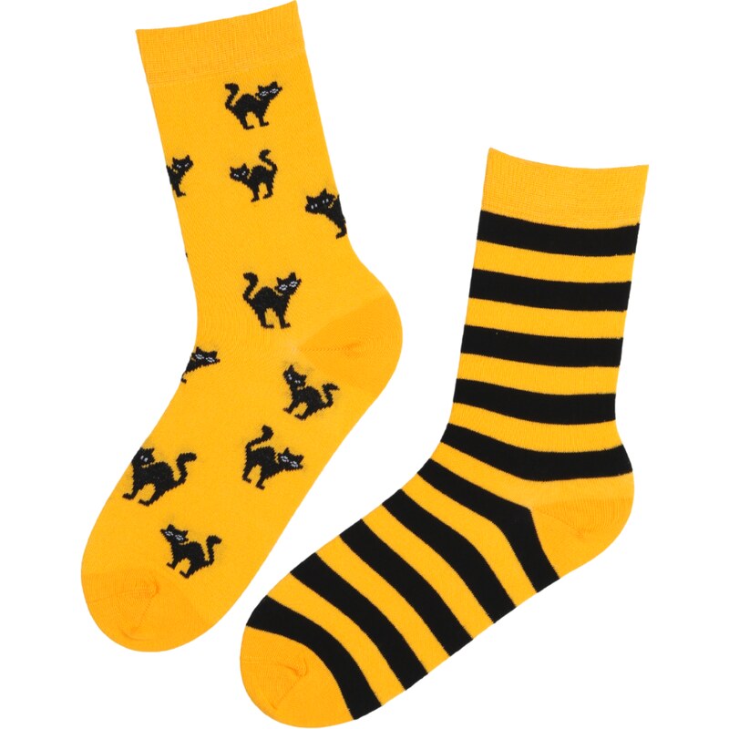 Sokisahtel SCAREDY-CAT kollased kasside ja triibumustriga halloweeni sokid